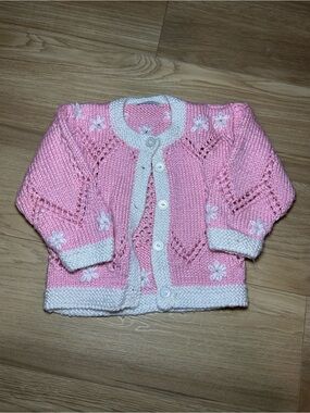 Pink Knit Baby Cardigan with White Trim by